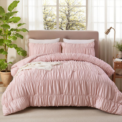 Pink Ruched Comforter Set for Queen Size Bed,Breathable Cotton Queen Comforter Boho Bed Set, Room Decor Aesthetic Bedding Set,Vintage Ruffled Fluffy Comforter for All Seasons