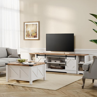 Farmhouse TV Stand And Coffee Table Set Of 2, Entertainment Center For Tvs Up To 85''