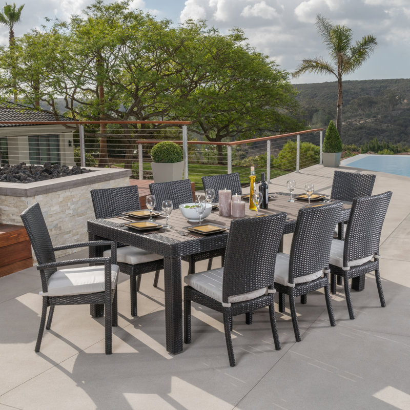 Cannes 9 Piece Dining Set with Cushions, Brown/Black Frame/Stone Gray Canvas Cushion