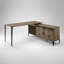 Bureau d'écriture rustique en L avec porte de grange coulissante et pieds en métal, parfait pour les petits espaces et une organisation efficace