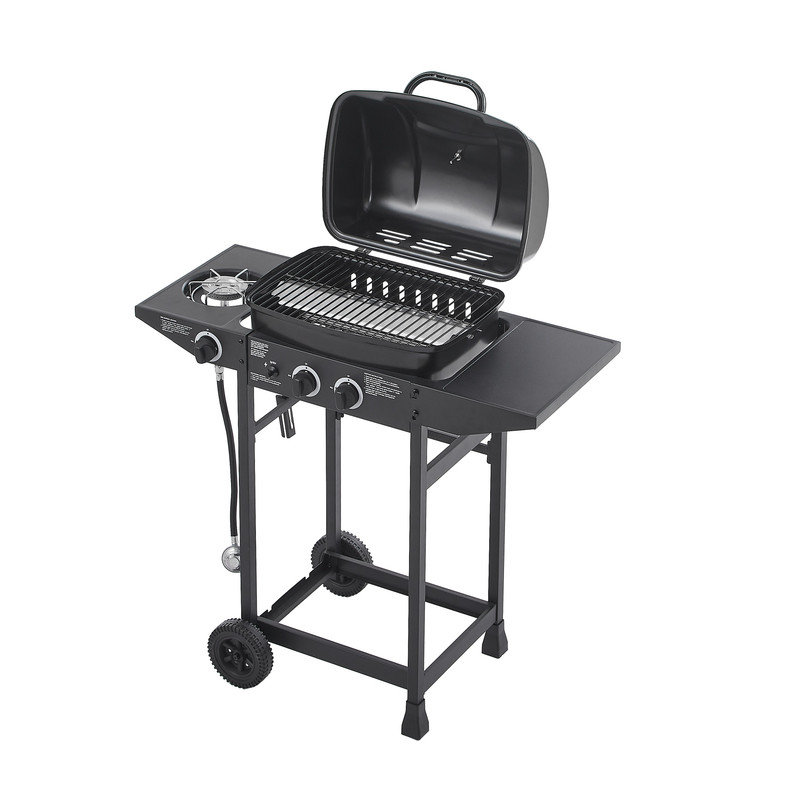 2 Burner BBQ Propane Gas Grill with Side Burner 24000 BTU Output Stainless Steel Barbecue Grill with Enameled Grates and Side Tables for Outdoor Cooking Kitchen and Patio Backyard