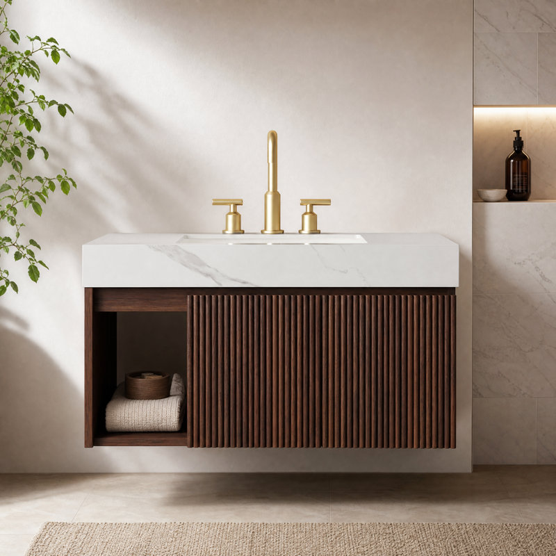 Meuble-lavabo suspendu de 91 cm (36 po) avec comptoir en pierre frittée et lavabo en céramique, Widespread