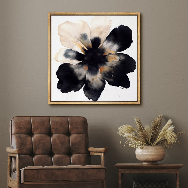 "Bold" noir et beige abstrait floral sur fond blanc - impression sur toile encadrée, H 24 po x l 24 po, Cadre naturel