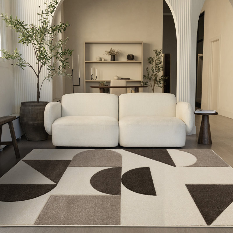 Tapis d'intérieur moderne géométrique blanc contemporain, 5 pi 3 po x 7 pi 7 po