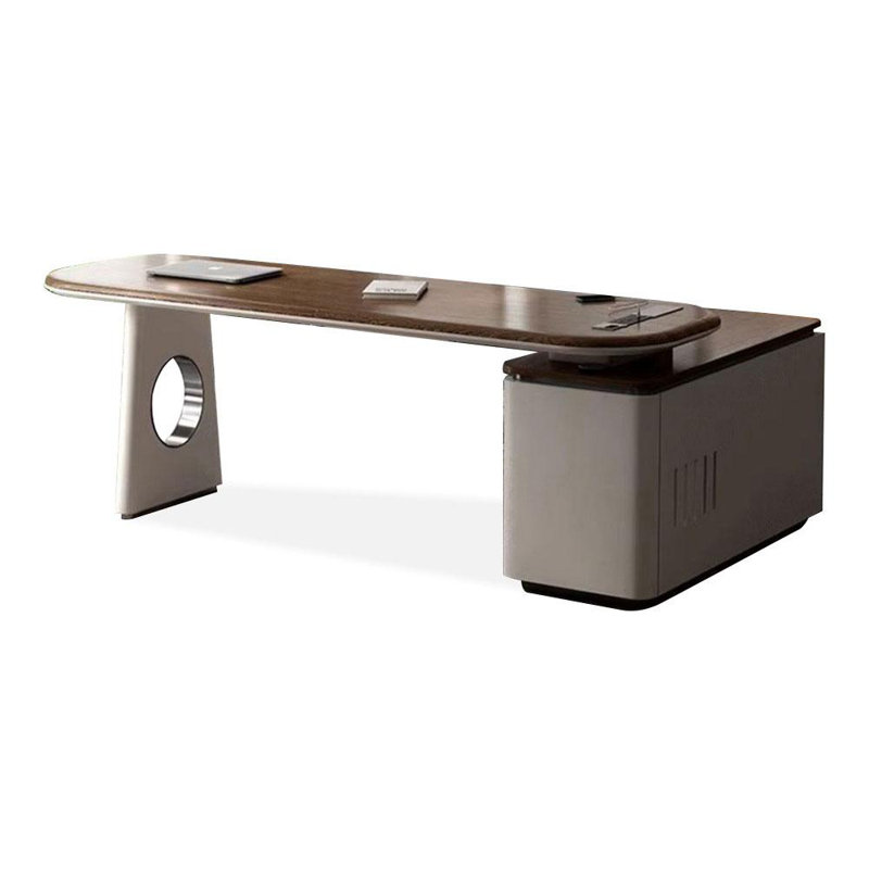 Nut-brown+Griege L-Shaped Manufactured Wood+Stainless Steel with 3 drawers desk, 29.53" H x 62.99" W x 59.06" D