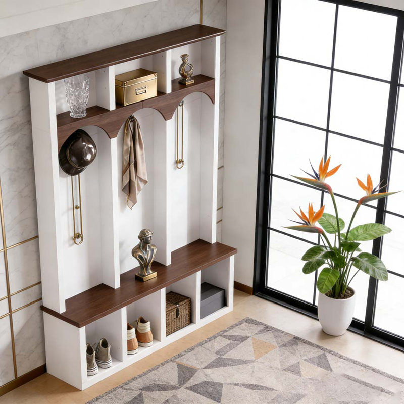 Farmhouse Wooden Style Hall Tree with Arched Design