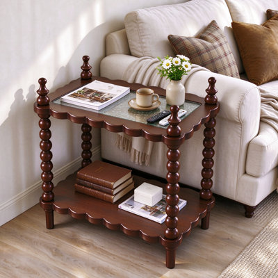 Solid Wood End Table with Glass Top, Vintage Walnut Side Table with 2-Tier Storage Shelf
