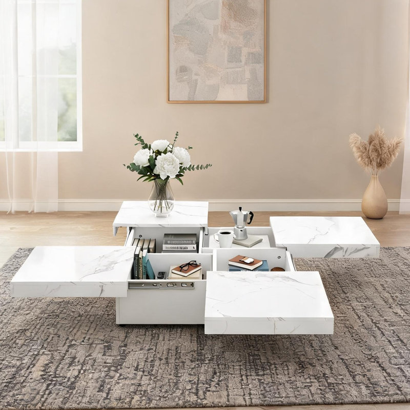 Table basse en marbre blanc épuré avec plateau coulissant et rangement dissimulé, fabrication en bois aggloméré de 39,4 pouces de hauteur