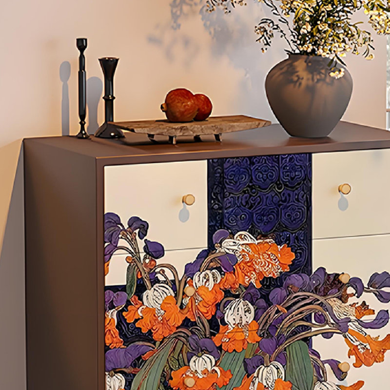 Armoire de rangement en bois massif à 5 tiroirs Vintage Floral, Noyer
