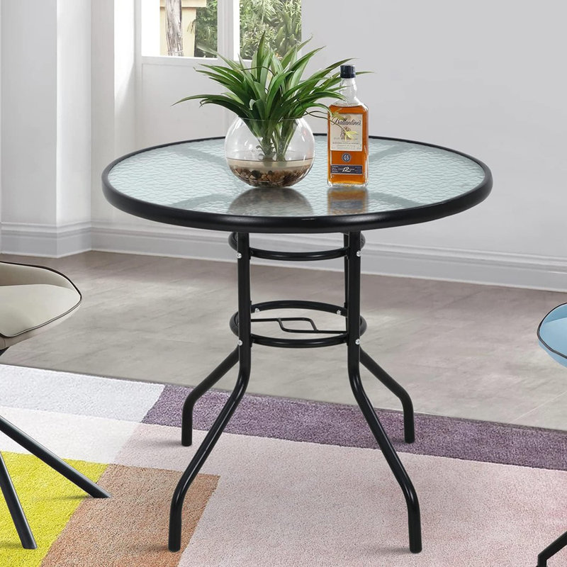 Table de salle à manger ronde avec plateau en verre trempé et trou pour parasol pour la pelouse, le balcon et la cour