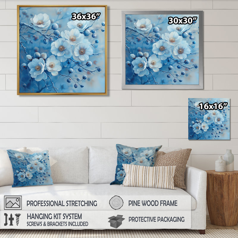 Bleu blanc, coquelicots, hiver, beauté I - coquelicots, art mural, salon, Toile encadrée flottée blanche