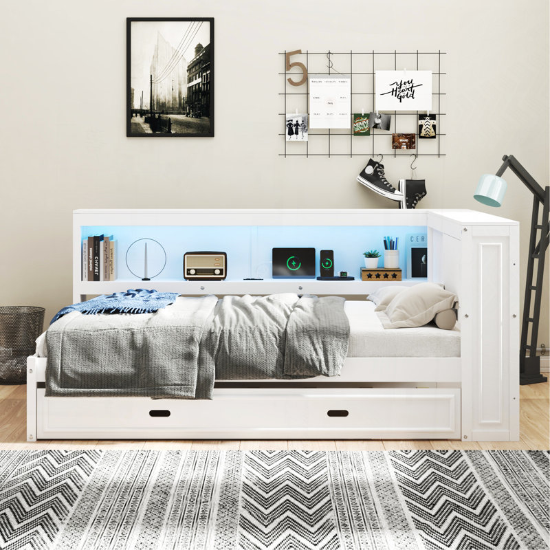 Full Size Wood Daybed With Storage Shelves, USB, LED, And Trundle, White