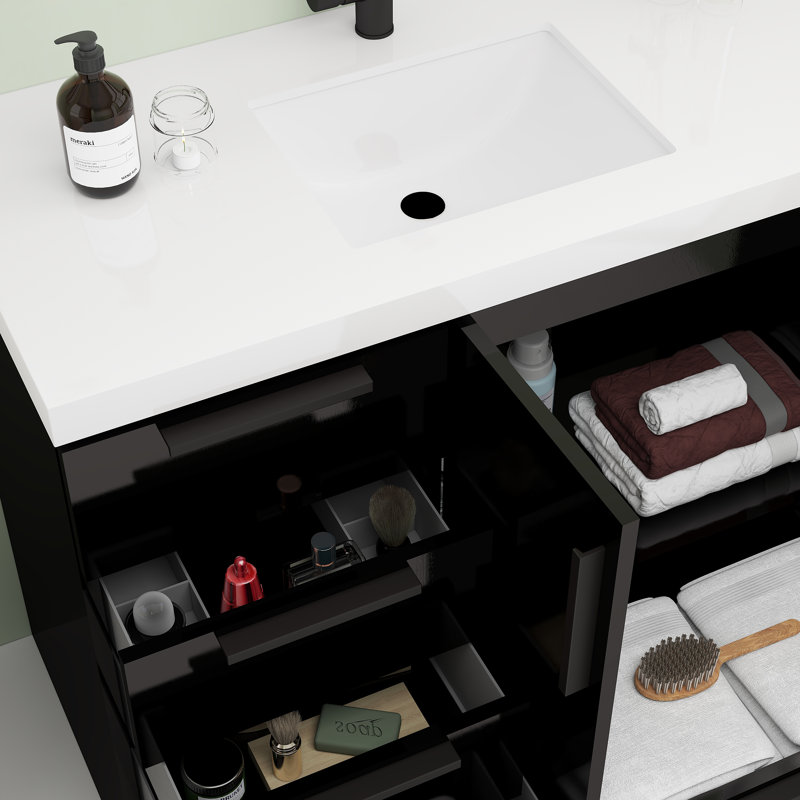 Meuble-lavabo autoportant avec tiroirs latéraux Carla, 42", Lustre noir