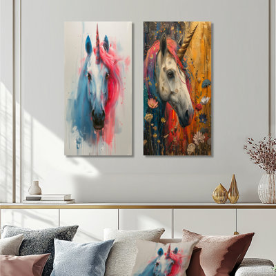 White Pink Wonderland Unicorns I - Unicorns Wall Art 2 Pieces Set