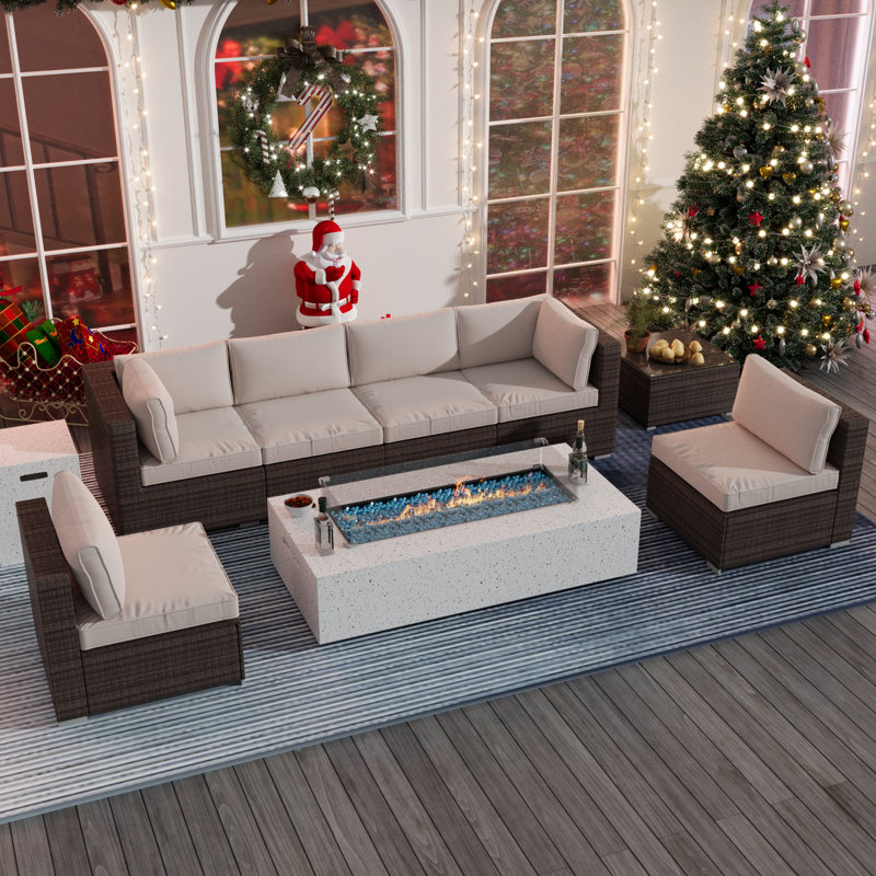9 Pieces Sofa Sectional Seating Group with Cushions and Fire Pit Table, Beige/Dark Brown