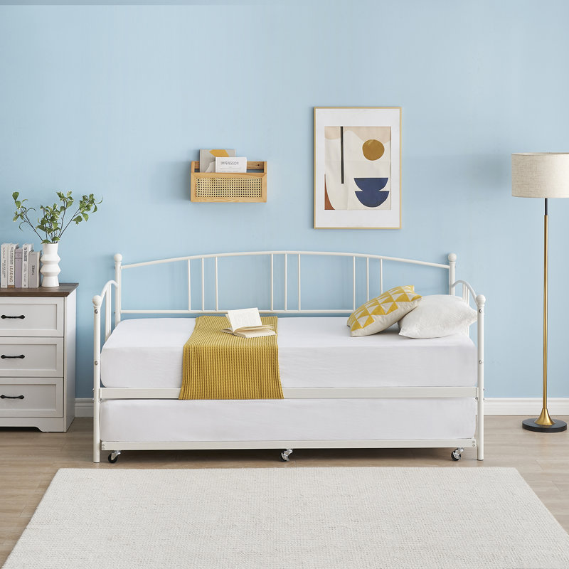 Twin Rectangular Twin Metal Daybed With Trundle, Sofa Bed Frame With 6 Casters And Steel Slat Support, White
