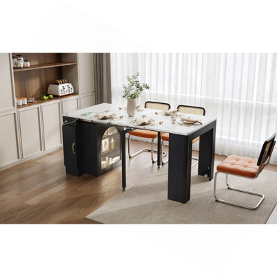 Table de salle à manger extensible avec 3 rallonges amovibles, table d'îlot mobile avec prise de courant, armoire avec rangement pour la salle à manger et le salon (noir et blanc marbré)