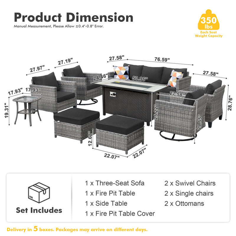 Ensemble de conversation d'extérieur en osier pour 9 personnes avec table foyer, Noir