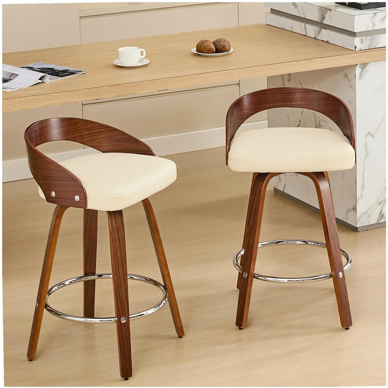 Ensemble de 2 tabourets de bar, tabourets de bar pivotants à dossier bas, chaises de bar en bois avec coussin moelleux, hauteur du siège (beige, hauteur du comptoir)