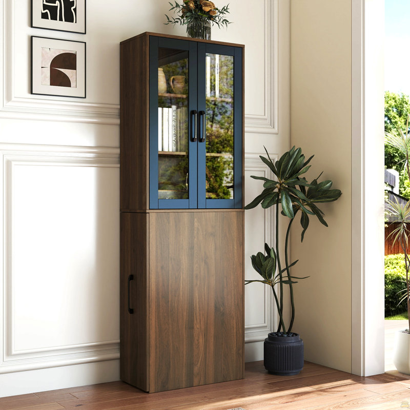 70.87" H Display Storage  Cabinet, 4 Tier Pull-Out Multi-Tier Storage Shelf & 2 Glass Doors, Walnut