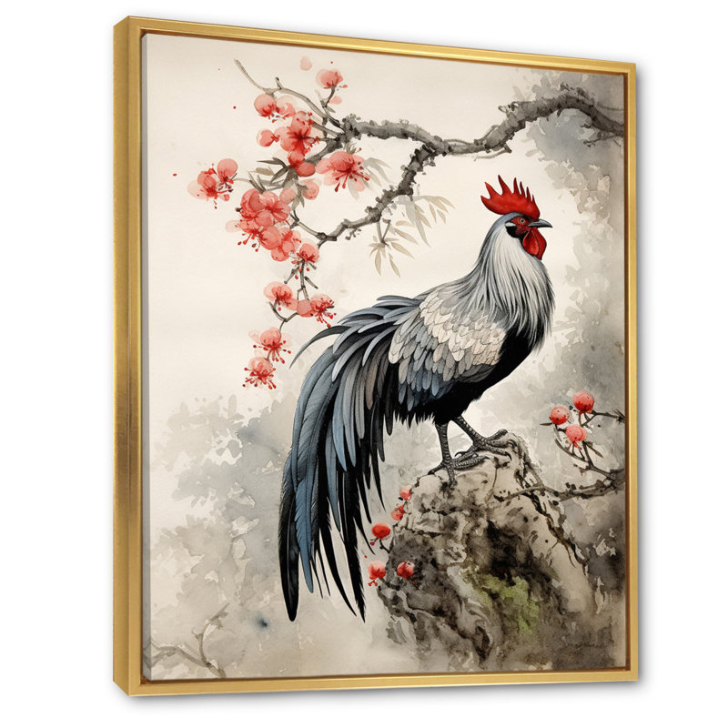«Averly Asian Art Rooster Sumi II», reproduction sur toile, H 20 po x l 12 po x P 1 po, Cadre flottant doré