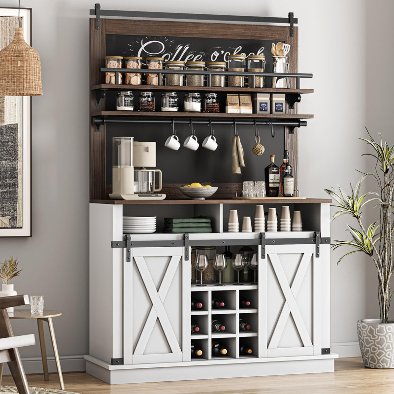 Buffet Farmhouse avec portes de grange coulissantes, buffet de rangement 72 "avec crochets, Blanc