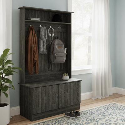 Classic Multi-Use Coat Rack With Bench, Gray, Built-In Seating & Abundant Storage