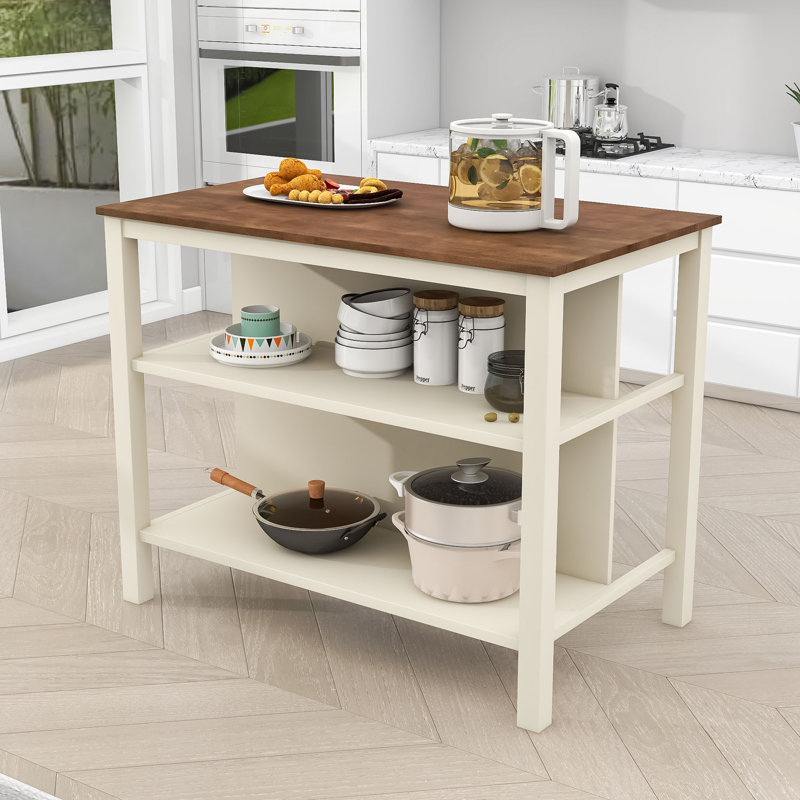Kianne Wood Stationary Kitchen Island With Shelves
