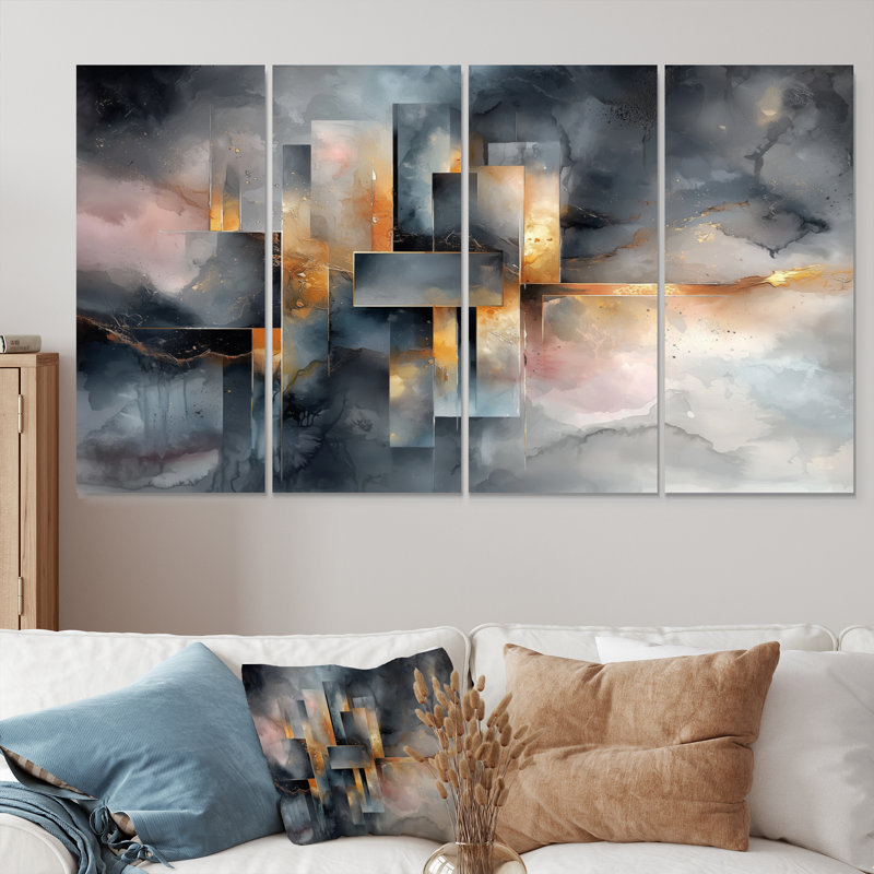 «Geometric Ink Pulse I - Constructivism Wall Art», ensemble de décorations murales modernes, 4, H 32 po x l 64 po