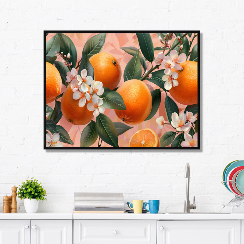 Yellow Pink Floral Orange Trees IV - Fruits Wall Art Print, 30" H x 40" W, Black Floater Framed