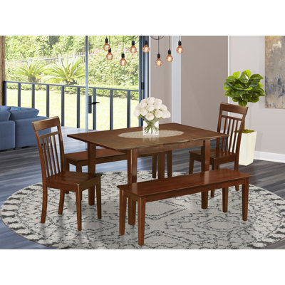 5 Piece Dining Set Includes a Rectangle Dining Room Table with Butterfly Leaf and 2 Kitchen Chairs with 2 Benches, Mahogany