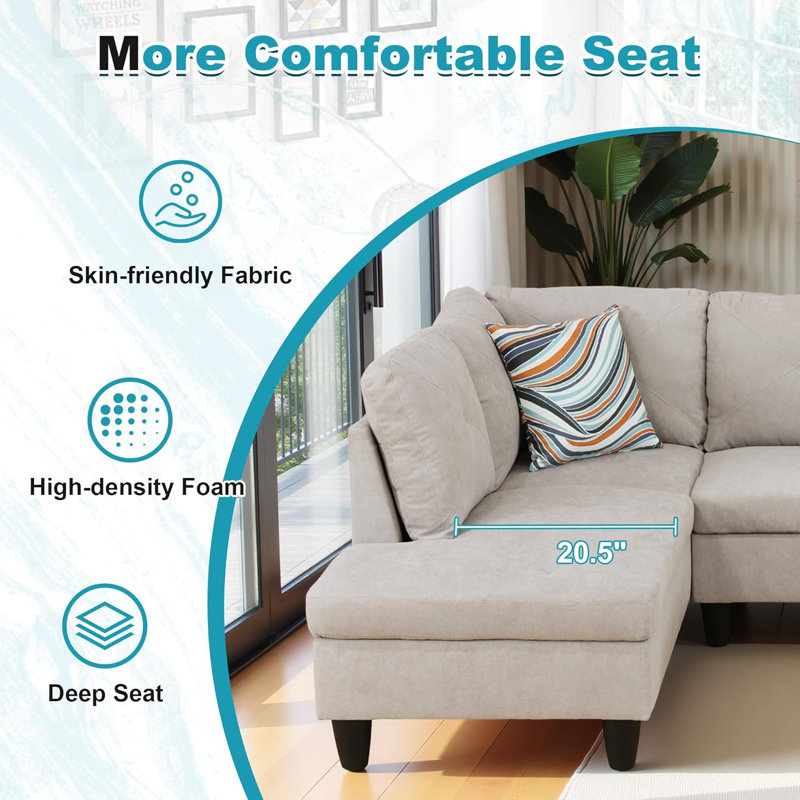 3-piece Flannelette  Modular Sectional Sofa, Off White, Left Hand Facing