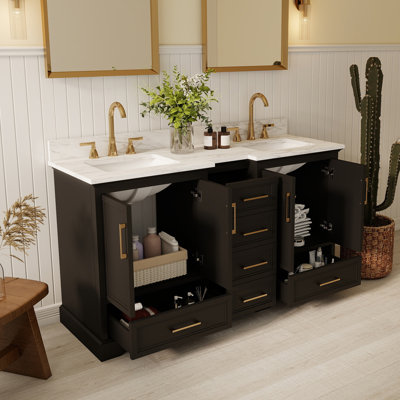 Ensemble de meuble-lavabo à double cuve 60 po en bois massif avec dosseret, surface peinte, tiroirs à fermeture en douceur, entièrement assemblé