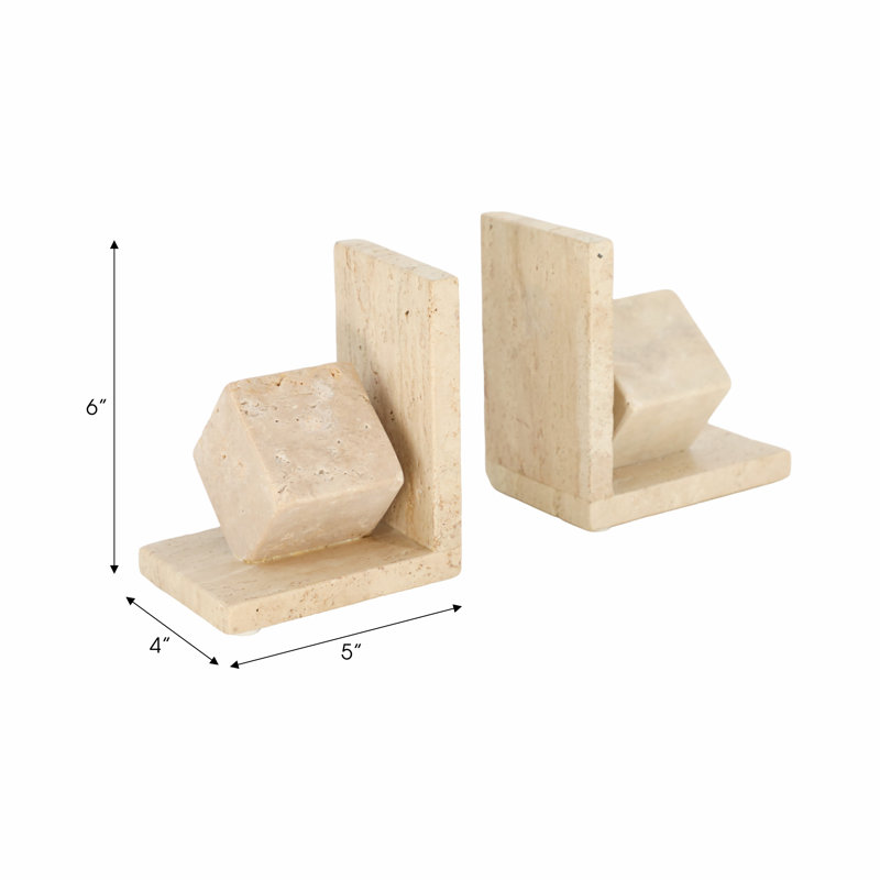 Set Of 2 6" Travertine Cube On Base Bookends, Tan
