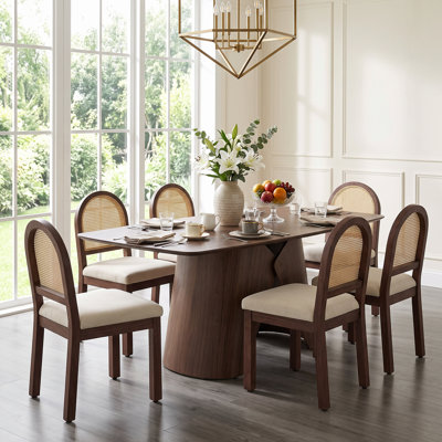 7-Piece Wood Dining Set With  Rattan Back Chairs