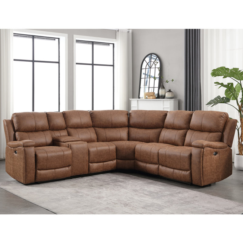 Kiall 96" W Faux Leather Power Reclining Sectional with Console, Brown Pebbled Faux Leather