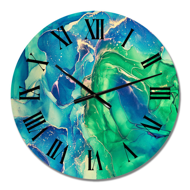 Bleu et vert, art liquide abstrait I - horloge murale moderne, Moyen
