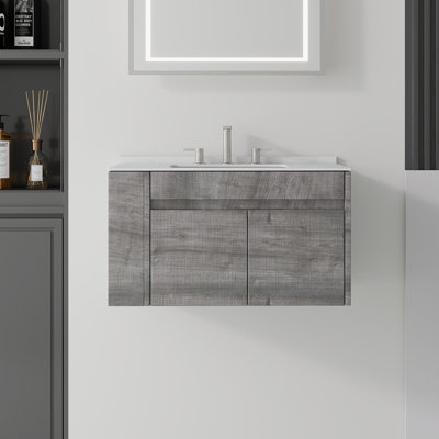 Meuble-lavabo suspendu de 91 cm (36 po) avec lavabo en céramique, comptoir et dosseret en marbre reconstitué, portes à fermeture amortie, tablette de rangement latérale ouverte, armoire en contreplaqué, gris