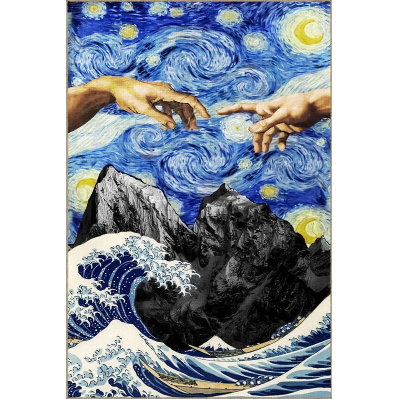 Tapis bleu délavé à motif main et montagne, Carré 3 pi 3 po