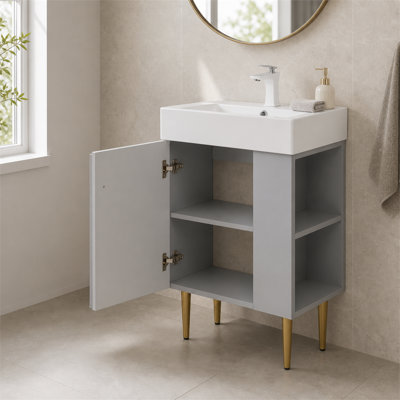 porte de lavabo en céramique grise à assemblage ouvert de 21,6 pouces avec tablette à fermeture en douceur et tablette de rangement à droite
