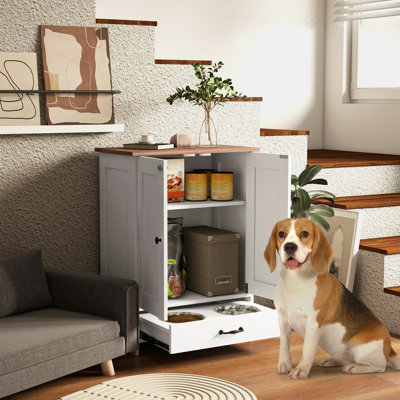 Station d'alimentation pour chien Pawhut, armoire de rangement pour nourriture pour chien avec bols cachés pour chien, panneau réglable, crochets pour chiens de taille moyenne, blanc