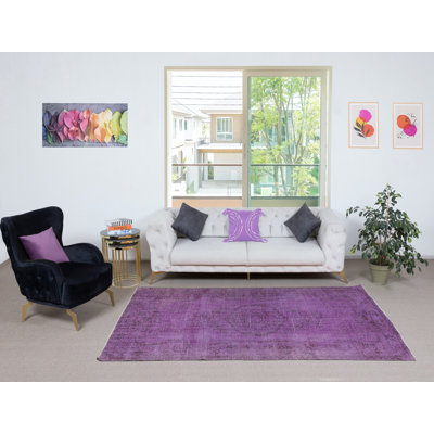 Tapis turc contemporain en laine noué à la main 5 x 8,8 pi de couleur mauve