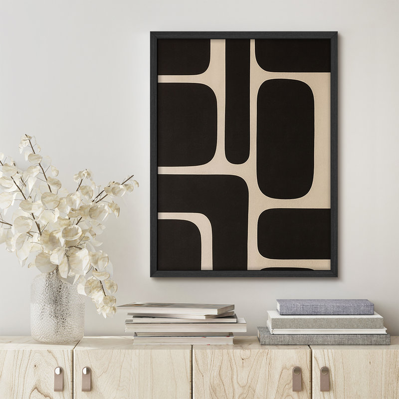 Art mural encadré à motif géométrique rétro - Formes rectangulaires abstraites noires et beiges, œuvre d'art moderne Mid-Century pour le bureau ou le salon