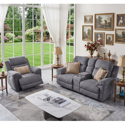 Modern Gray Fabric Living Room Set - Power Recliner Chair & Loveseat With Center Console, Plush Cushioning For Cozy Living Spaces