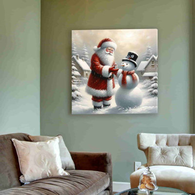 «Joyful Gifting Moment: Santa's Snowman Surprise», reproduction sur toile tendue