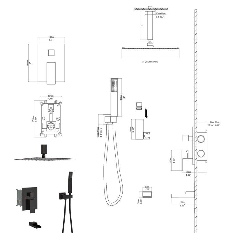 Système de douche avec bec de baignoire en cascade, système de douche carré à fixation au plafond de 12 pouces avec valve brute