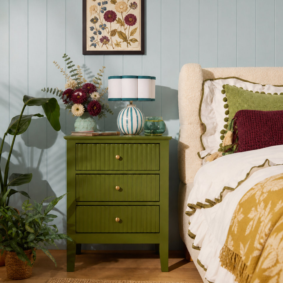 A green, three-drawer nightstand with a fluted facade and brass knobs sits beside a textured cream headboard, styled with a striped table lamp, a floral arrangement, and botanical wall art against a light blue panelled wall.
