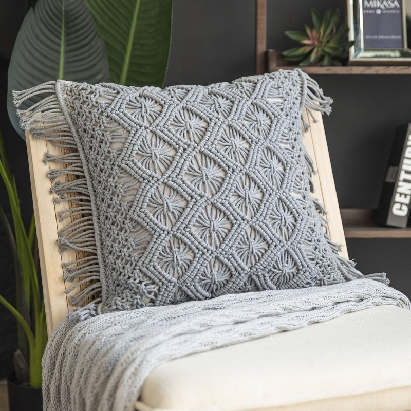 Handmade Crochet C Collection Tassels Cotton Throw Pillow, Gray