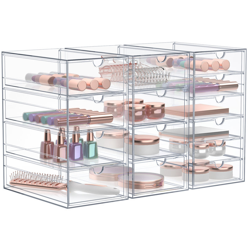  Clear 14 Drawers Acrylic Makeup Organizer 3 Pcs Stackable Set