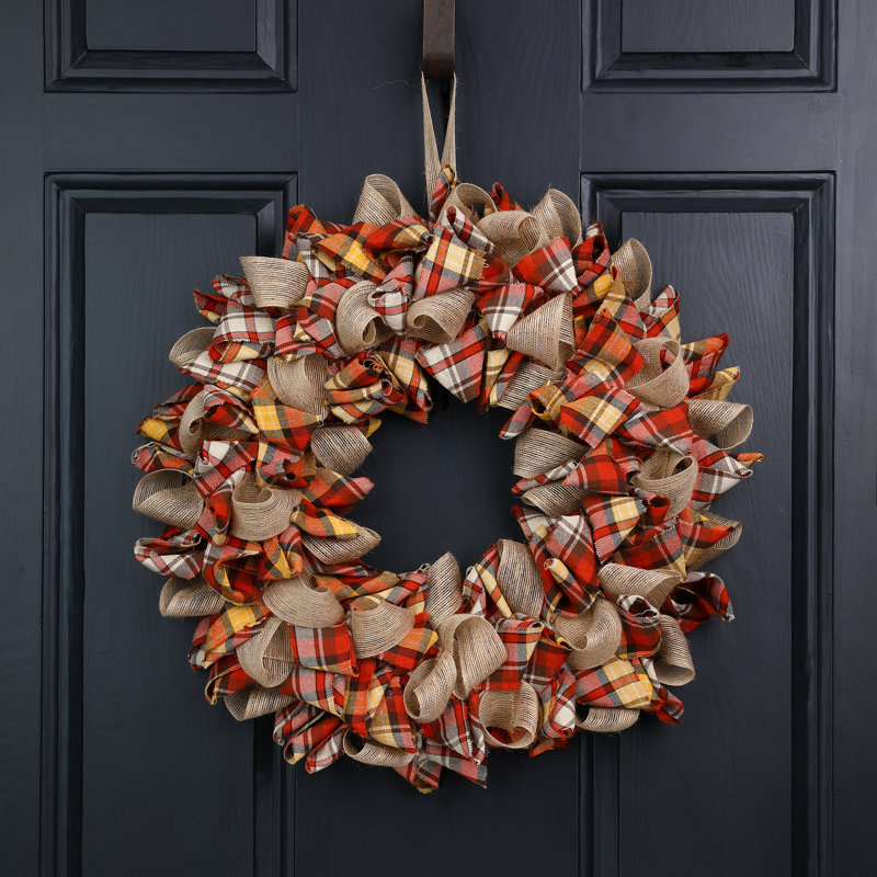 18.5" Fall Plaid Burlap and Cotton Front Door Wreath